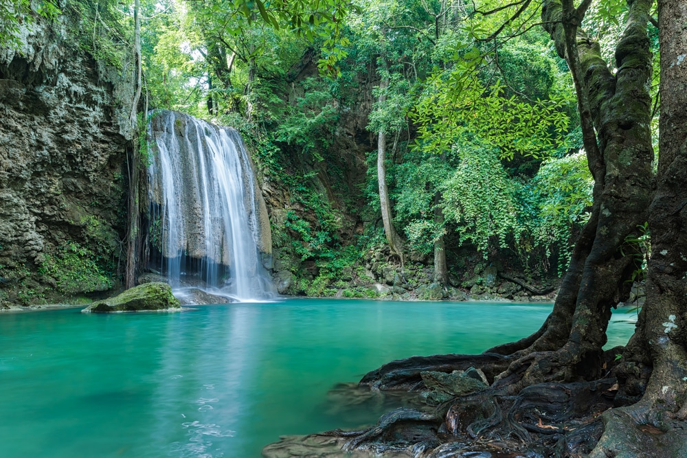 Beautiful and Breathtaking turquoise waterfall, Erawan's waterfall Located at the Kanchanaburi province